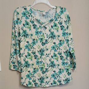 Floral V-Neck Long Sleeve Top - Green and White